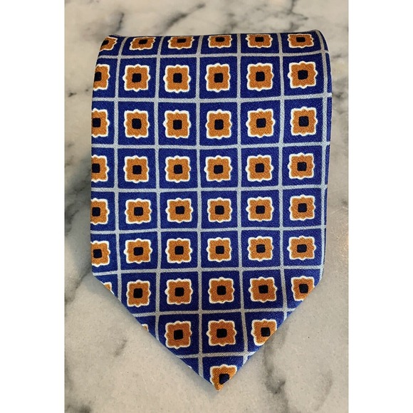 Guess USA American Classics Blue Yellow Geometric Foulard Silk Tie - Picture 1 of 7